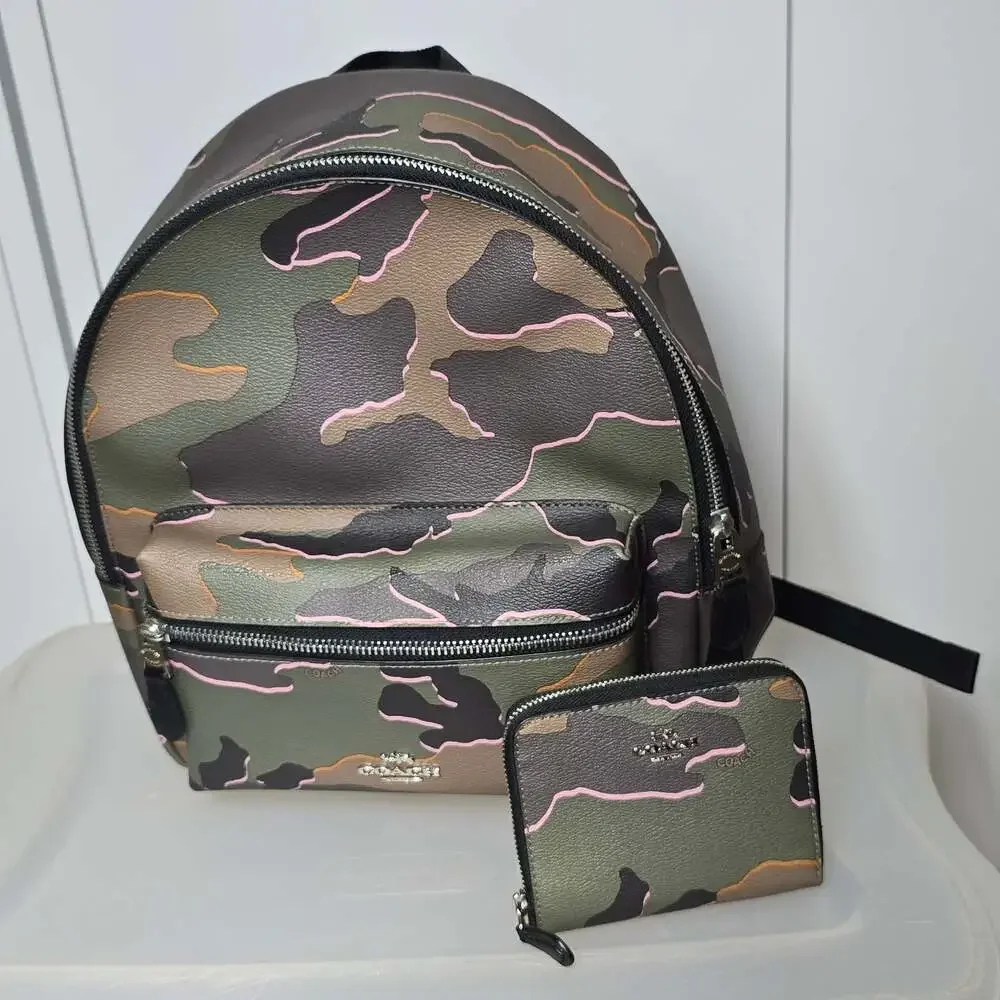 Coach Medium Charlie Backpack in Green and Brown Camouflage with Matching Wallet